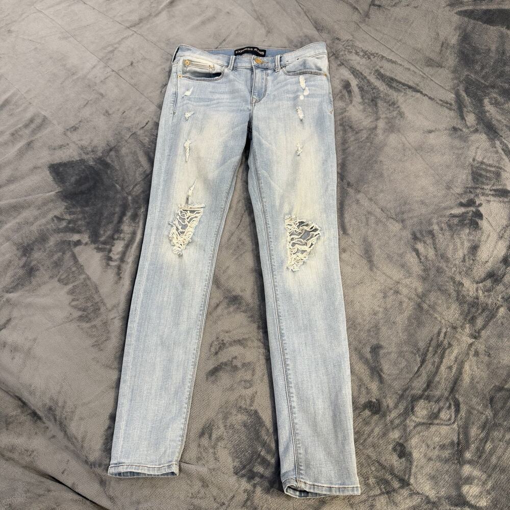 Express Jeans Women's 4R Mid Rise Blue Distressed Legging Stretch Skater Punk